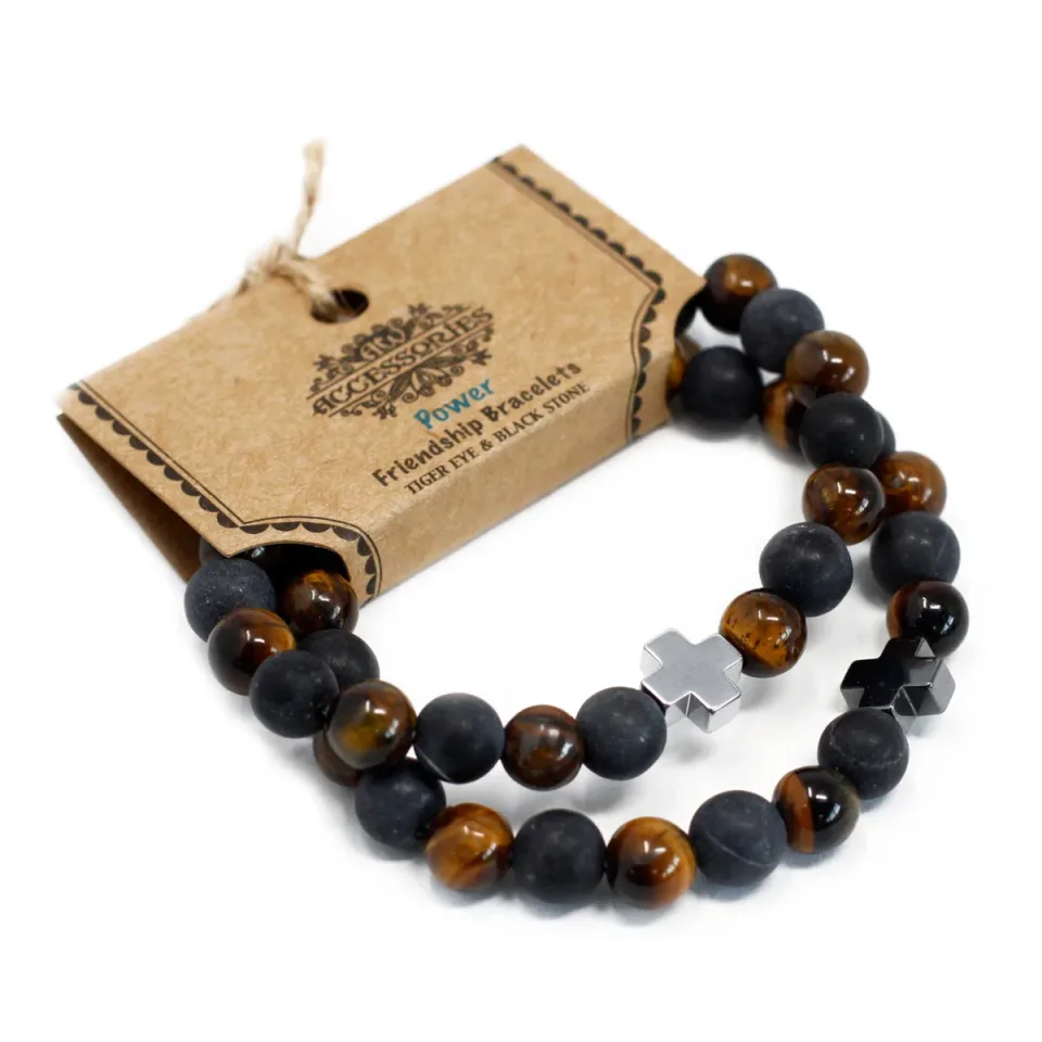 Lot de 2 bracelets d'amitié, Force : œil de tigre et pierre noire : Modèle unique