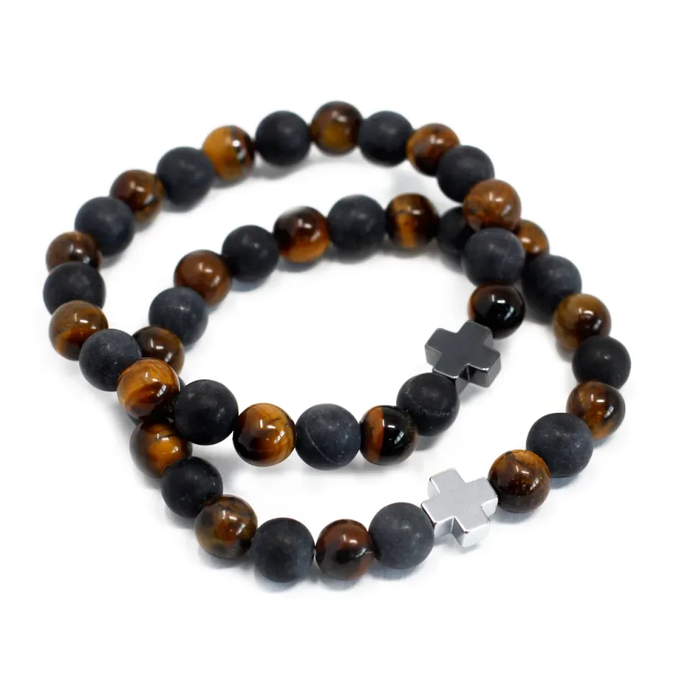 Lot de 2 bracelets d'amitié, Force : œil de tigre et pierre noire : Modèle unique