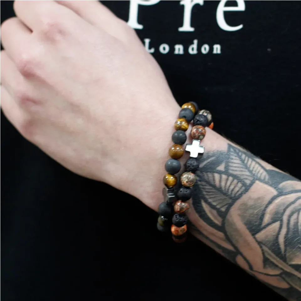 Lot de 2 bracelets d'amitié, Force : œil de tigre et pierre noire : Modèle unique