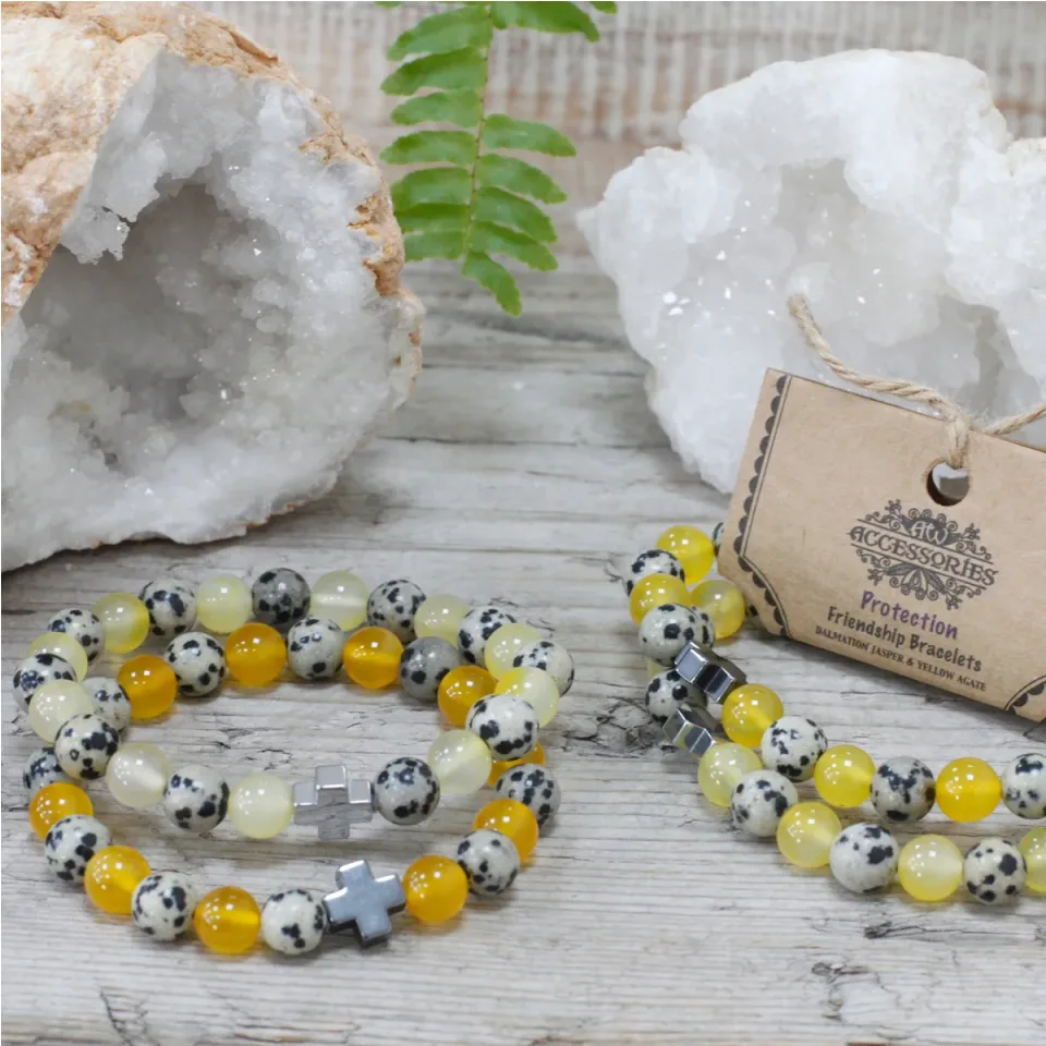Lot de 2 bracelets d'amitié, Protection : jaspe dalmatien et agate jaune : Modèle unique