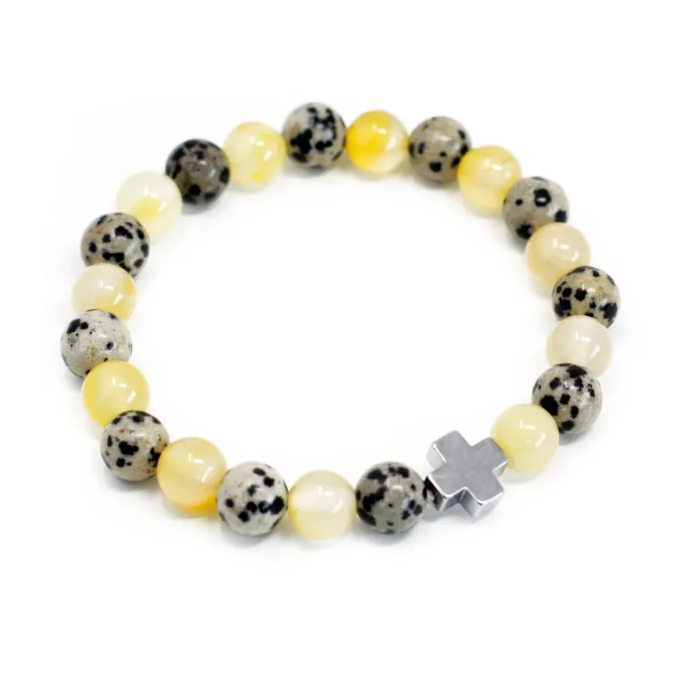 Lot de 2 bracelets d'amitié, Protection : jaspe dalmatien et agate jaune : Modèle unique