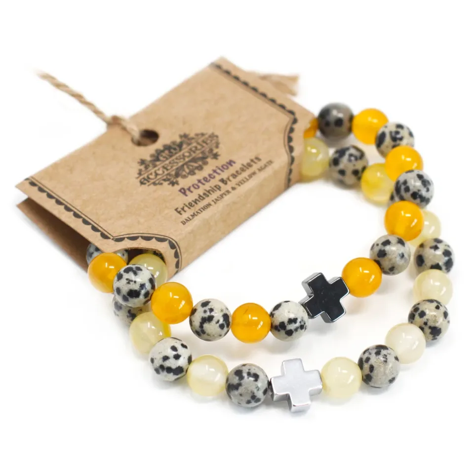 Lot de 2 bracelets d'amitié, Protection : jaspe dalmatien et agate jaune : Modèle unique