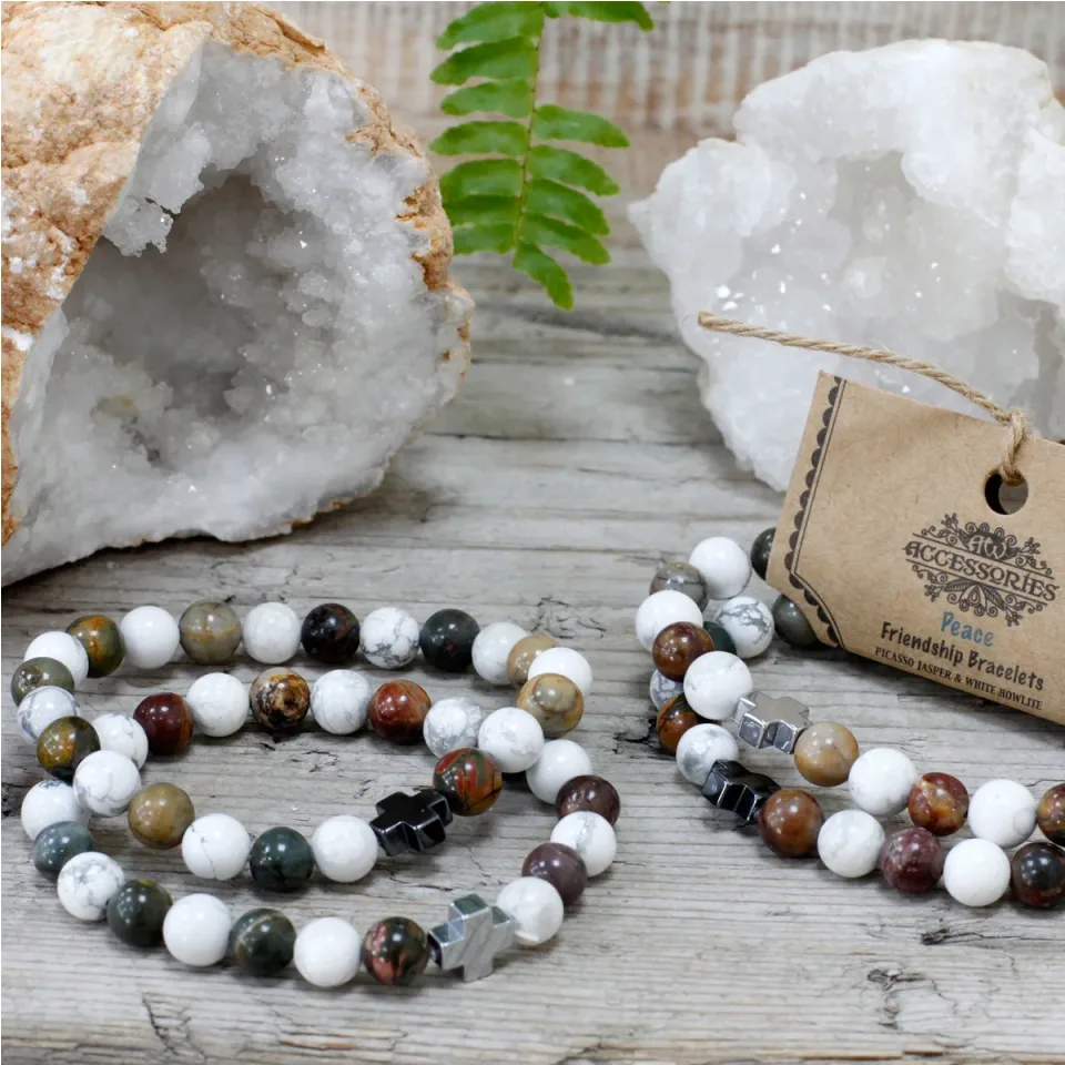 Lot de 2 bracelets d'amitié, Paix : jaspe Picasso et howlite blanche : Modèle unique