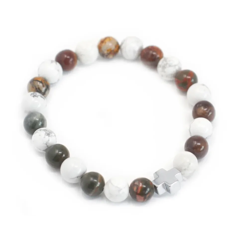 Lot de 2 bracelets d'amitié, Paix : jaspe Picasso et howlite blanche : Modèle unique