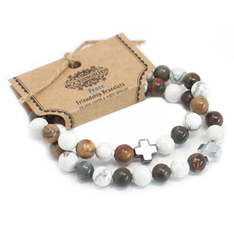 Lot de 2 bracelets d'amitié, Paix : jaspe Picasso et howlite blanche : Modèle unique