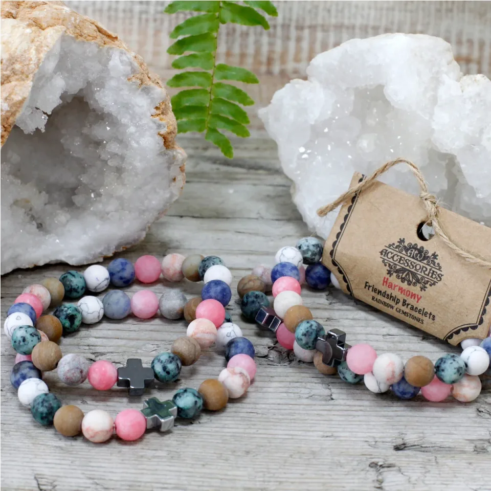 Lot de 2 bracelets d'amitié, Harmonie : pierres arc-en-ciel : Modèle unique