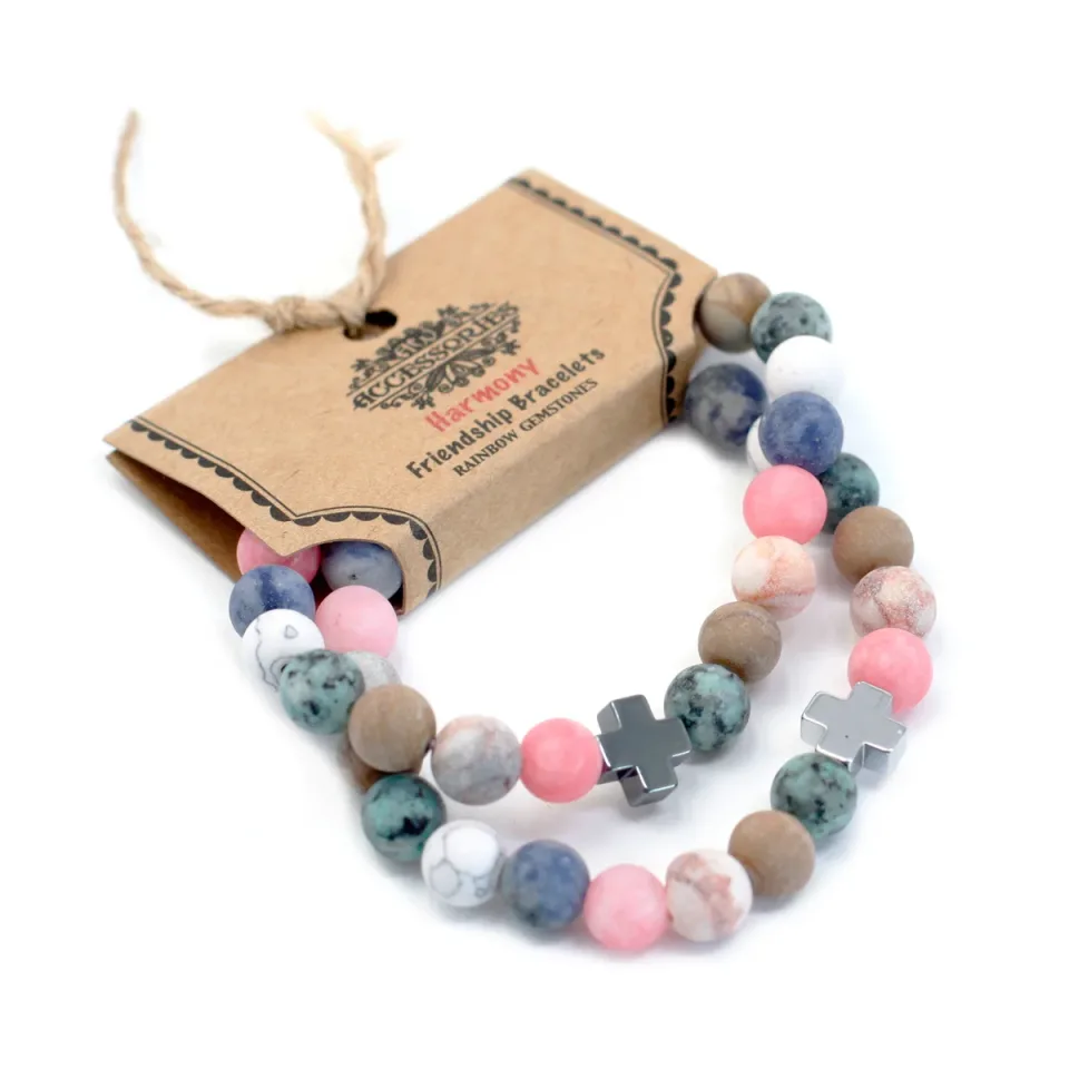 Lot de 2 bracelets d'amitié, Harmonie : pierres arc-en-ciel : Modèle unique
