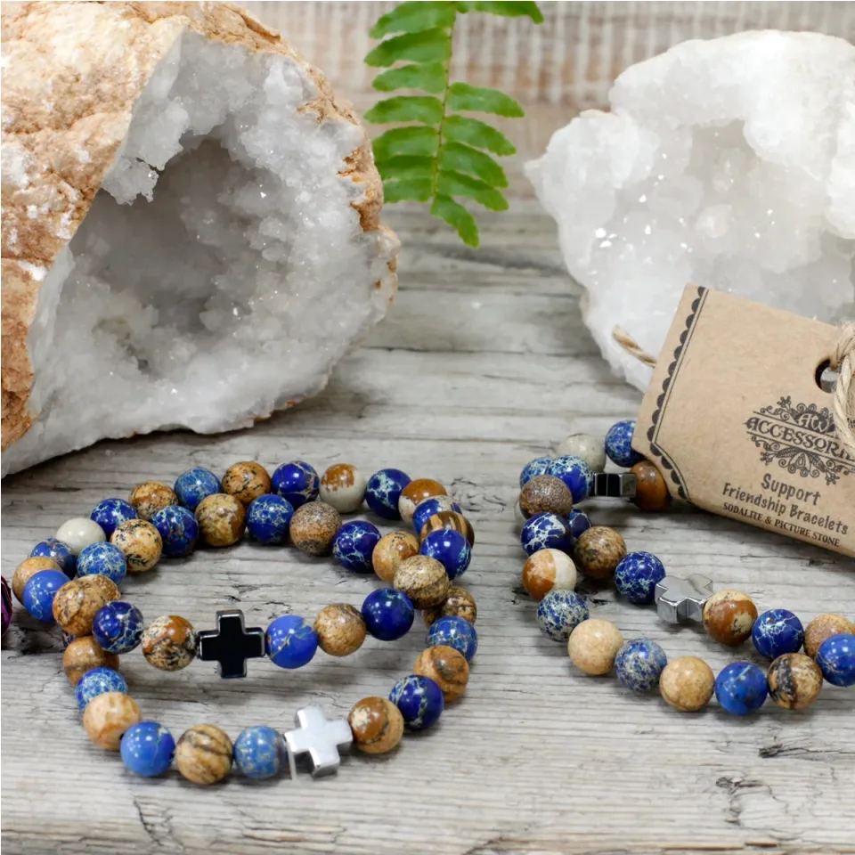 Lot de 2 bracelets d'amitié, Soutien : sodalite et pierre à image : Modèle unique