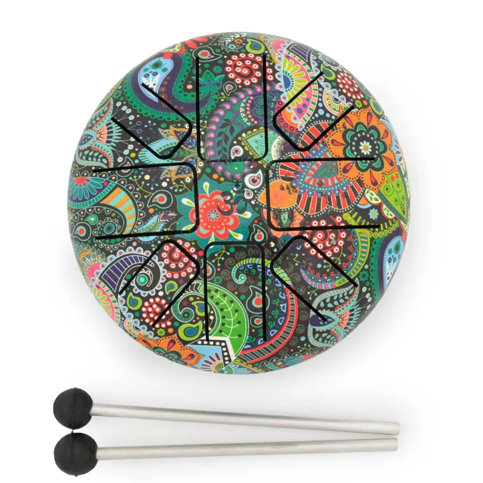 Happy drum médium grave mandala et feuilles, 14 x 7 cm : Modèle unique