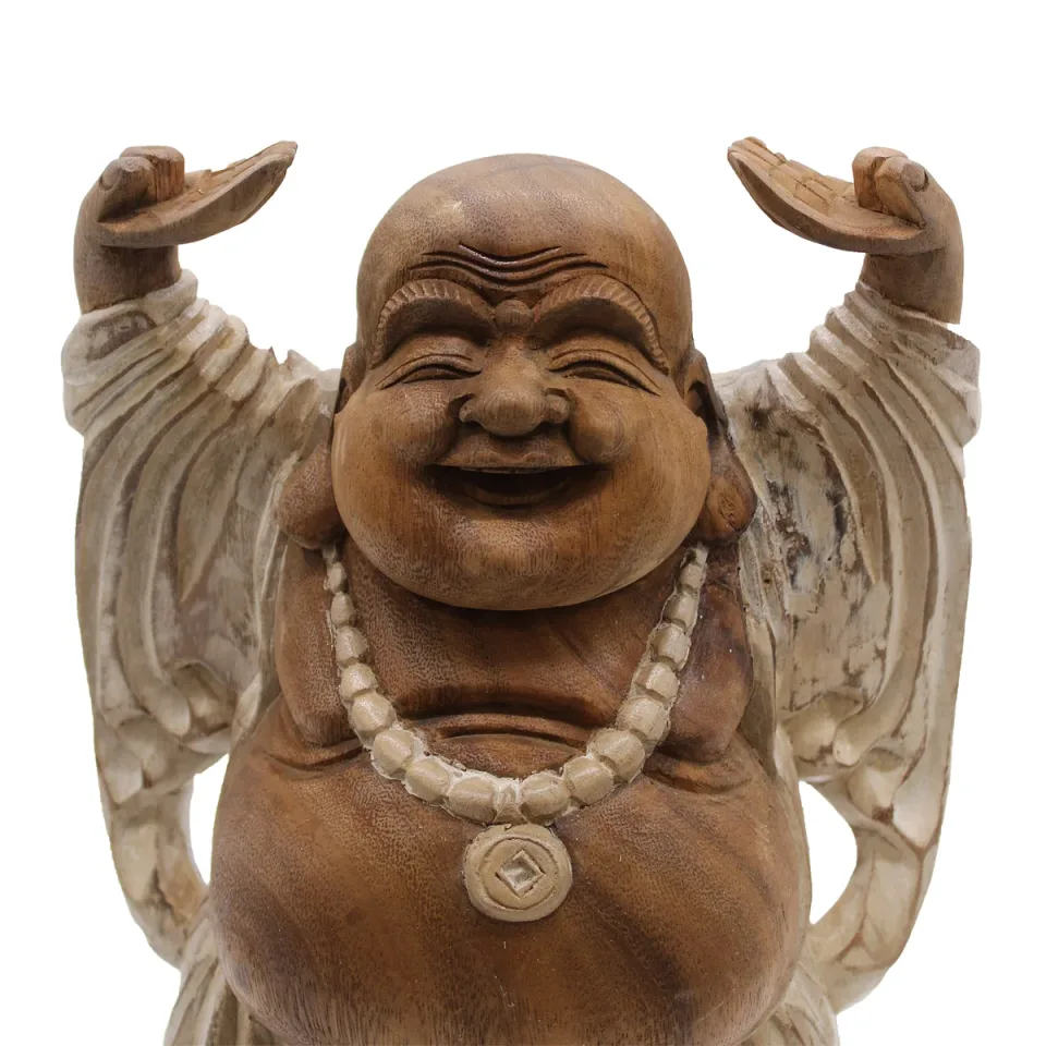 Statue de Bouddha sculptée main, mains levées, patine blanche : Modèle unique