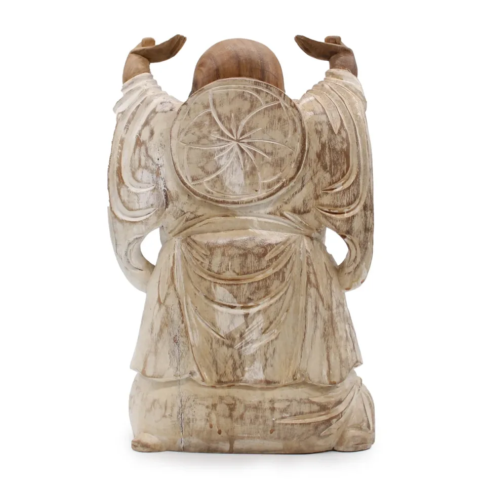 Statue de Bouddha sculptée main, mains levées, patine blanche : Modèle unique