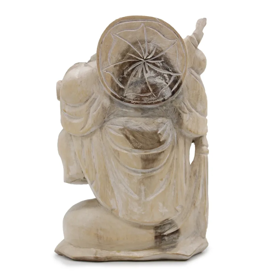 Statue de Bouddha sculptée main, portant du bois, patine blanche : Modèle unique