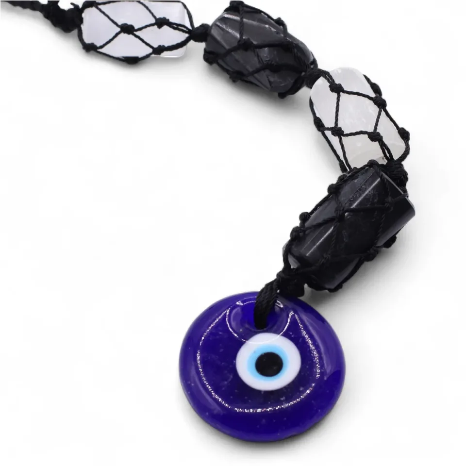 Pendentif à suspendre, tourmaline noire et sélénite, mauvais œil : Modèle unique