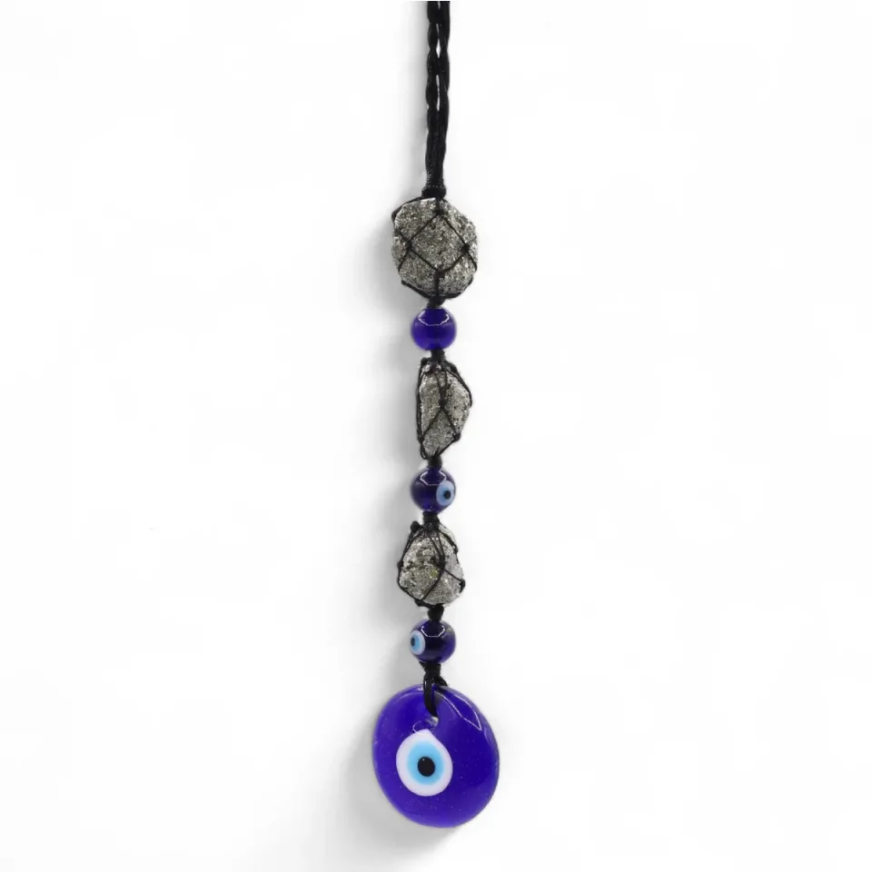 Pendentif à suspendre, pyrite et perles, mauvais œil : Modèle unique