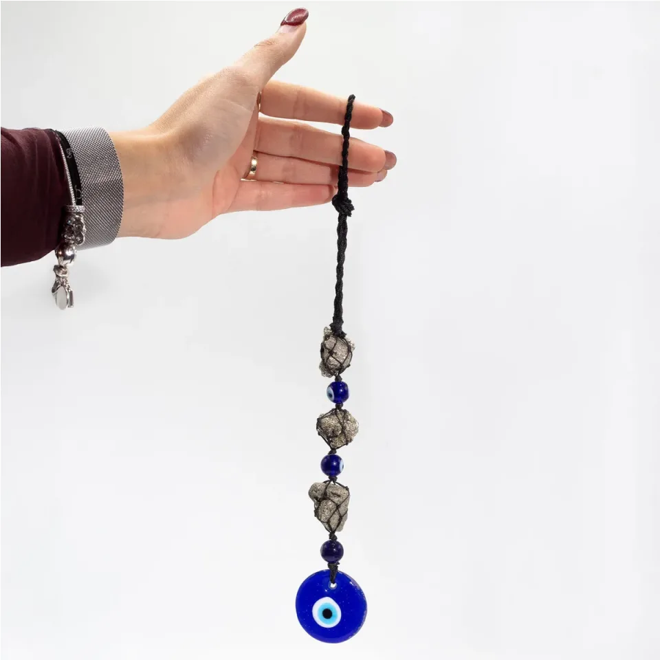 Pendentif à suspendre, pyrite et perles, mauvais œil : Modèle unique