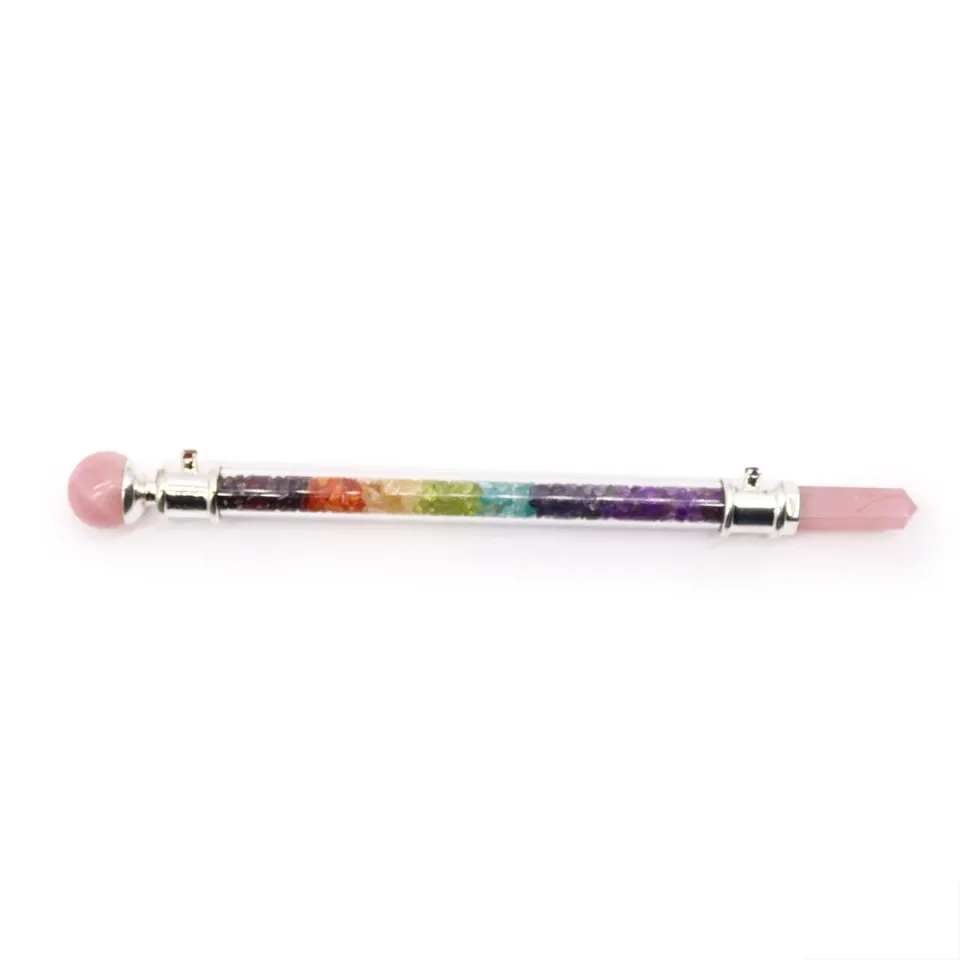 Baguette des 7 chakras, quartz rose : Modèle unique