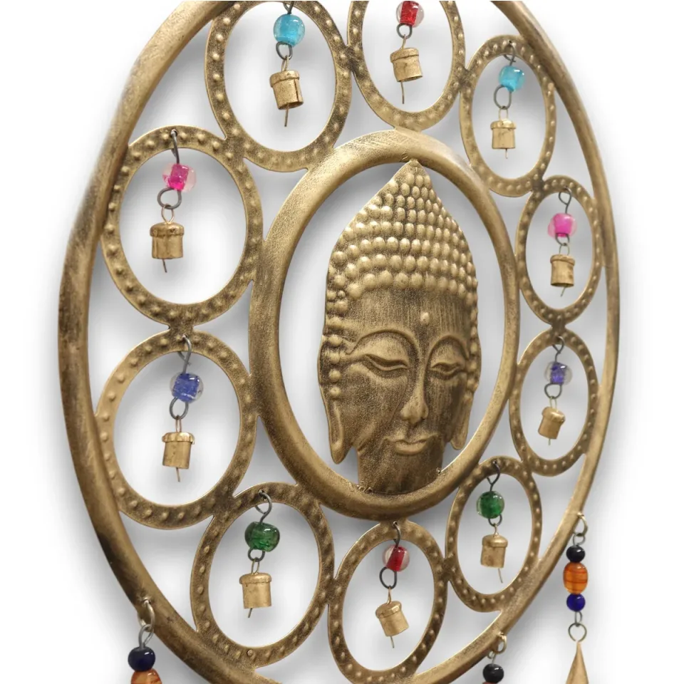 Carillon éolien indien, Grand carillon visage de Bouddha, 15 cloches, 36 cm : Modèle unique