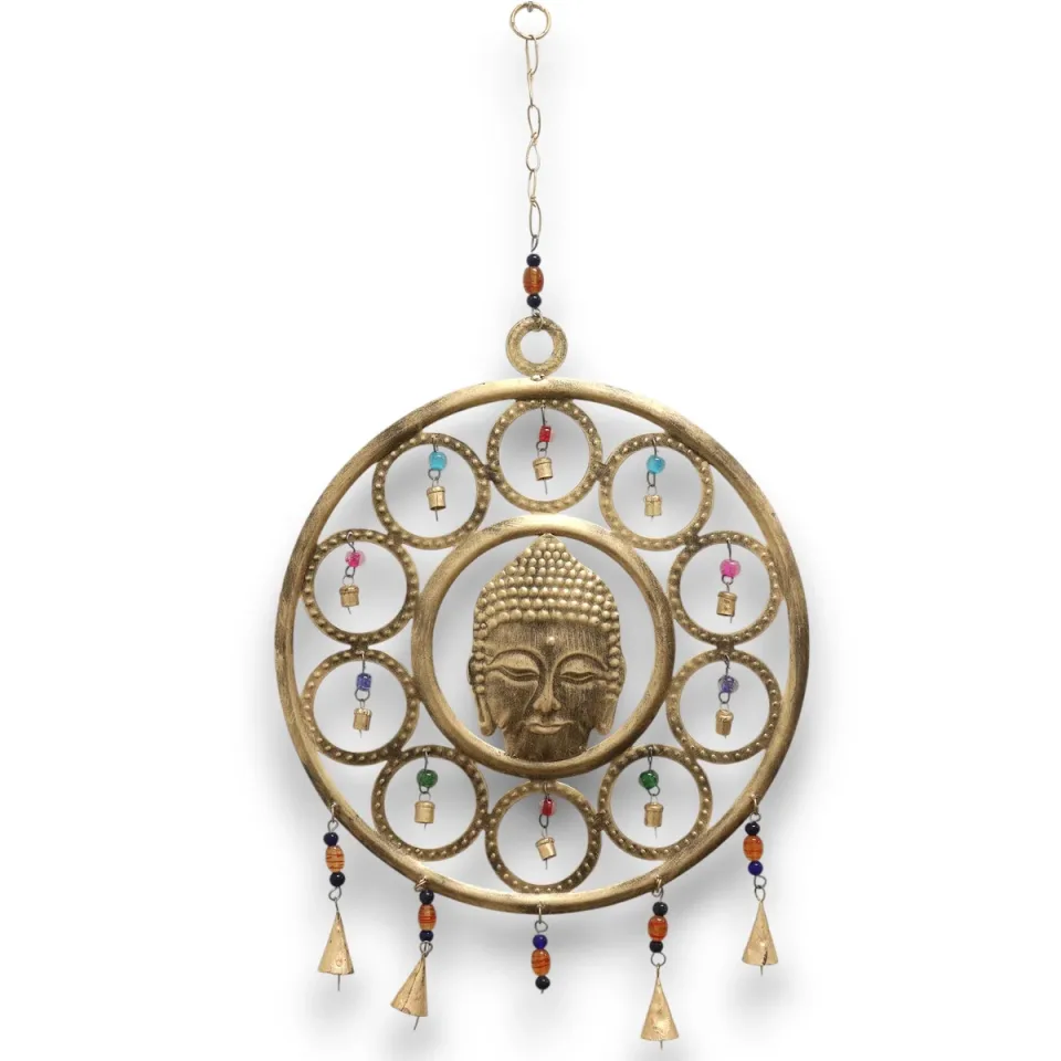 Carillon éolien indien, Grand carillon visage de Bouddha, 15 cloches, 36 cm : Modèle unique