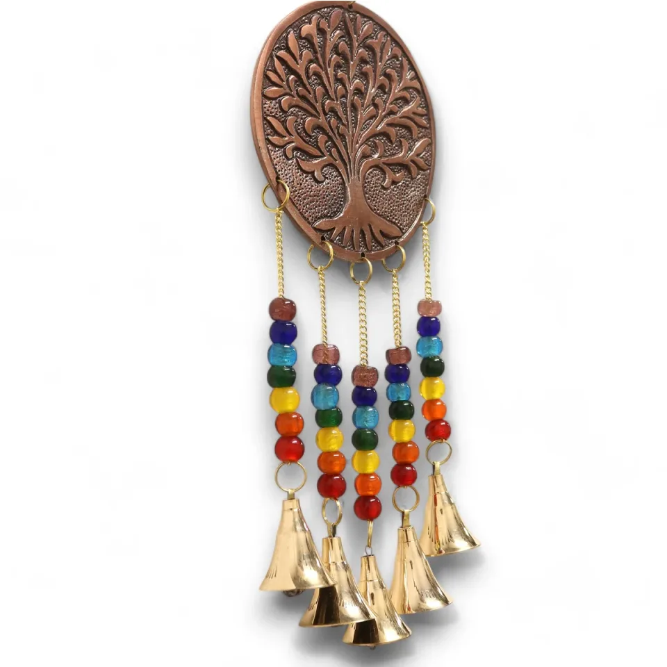 Carillon éolien indien, Carillon arbre de vie moyen, perles de chakras, 5 cloches, 10 x 36 cm : Modèle unique