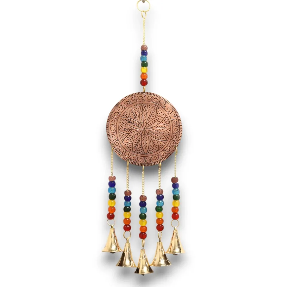 Carillon éolien indien, Carillon arbre de vie moyen, perles de chakras, 5 cloches, 10 x 36 cm : Modèle unique