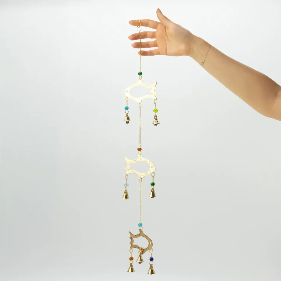 Carillon éolien indien, Pendule poisson, 7 cloches, 8,5 x 54 cm : Modèle unique