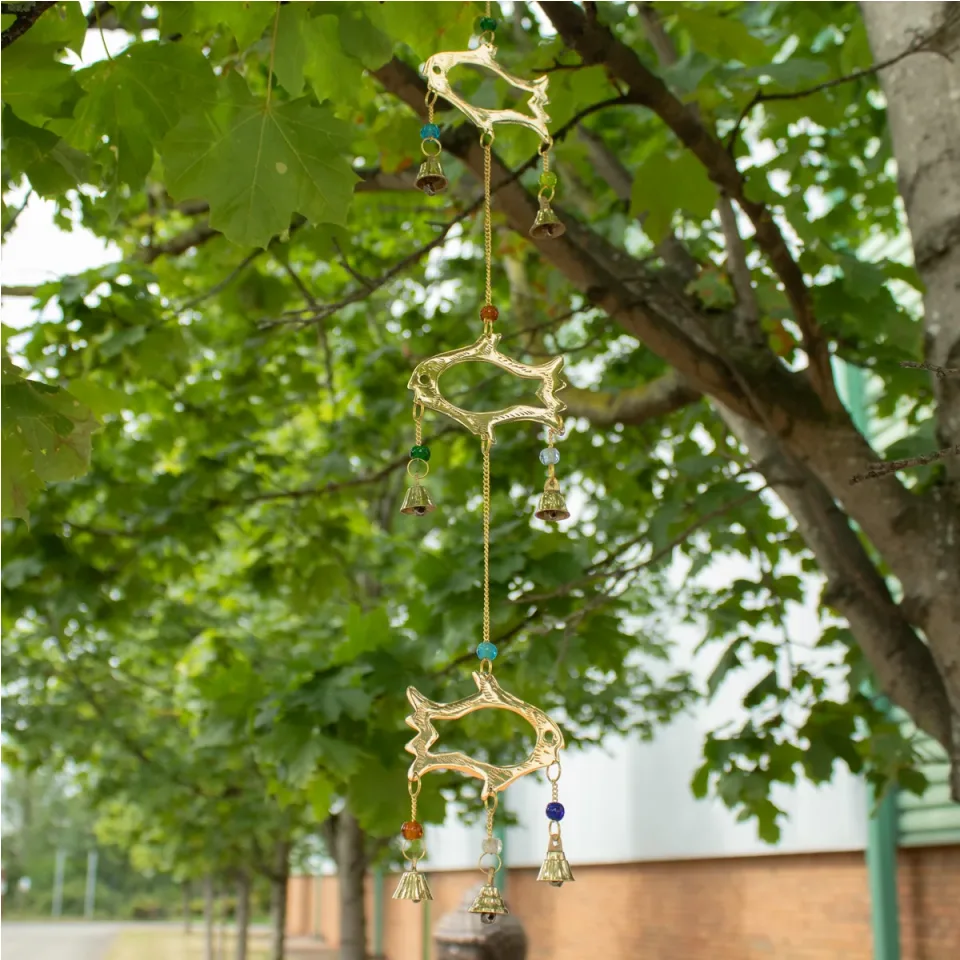 Carillon éolien indien, Pendule poisson, 7 cloches, 8,5 x 54 cm : Modèle unique