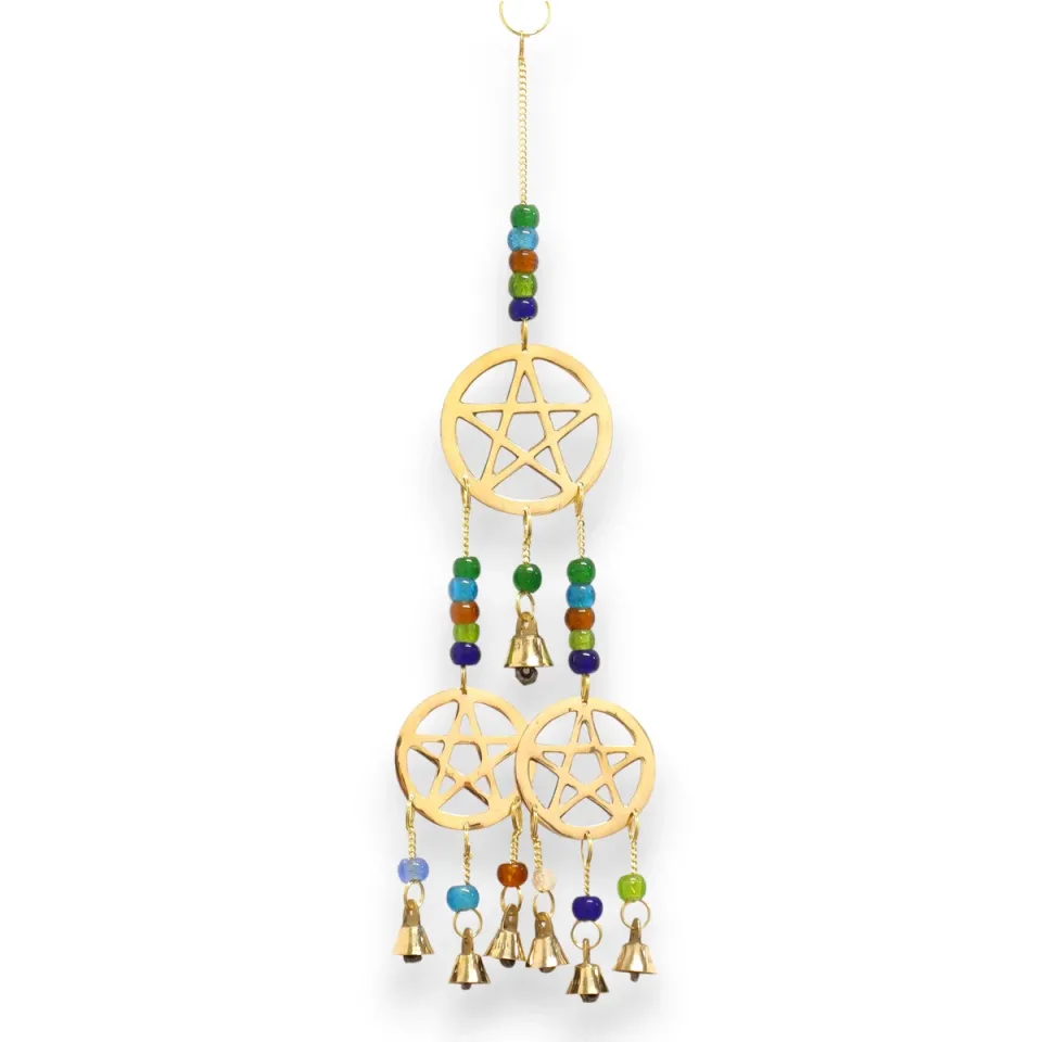 Carillon éolien indien, Tri-pentagramme en laiton, 7 cloches, 9,5 x 32 cm : Modèle unique
