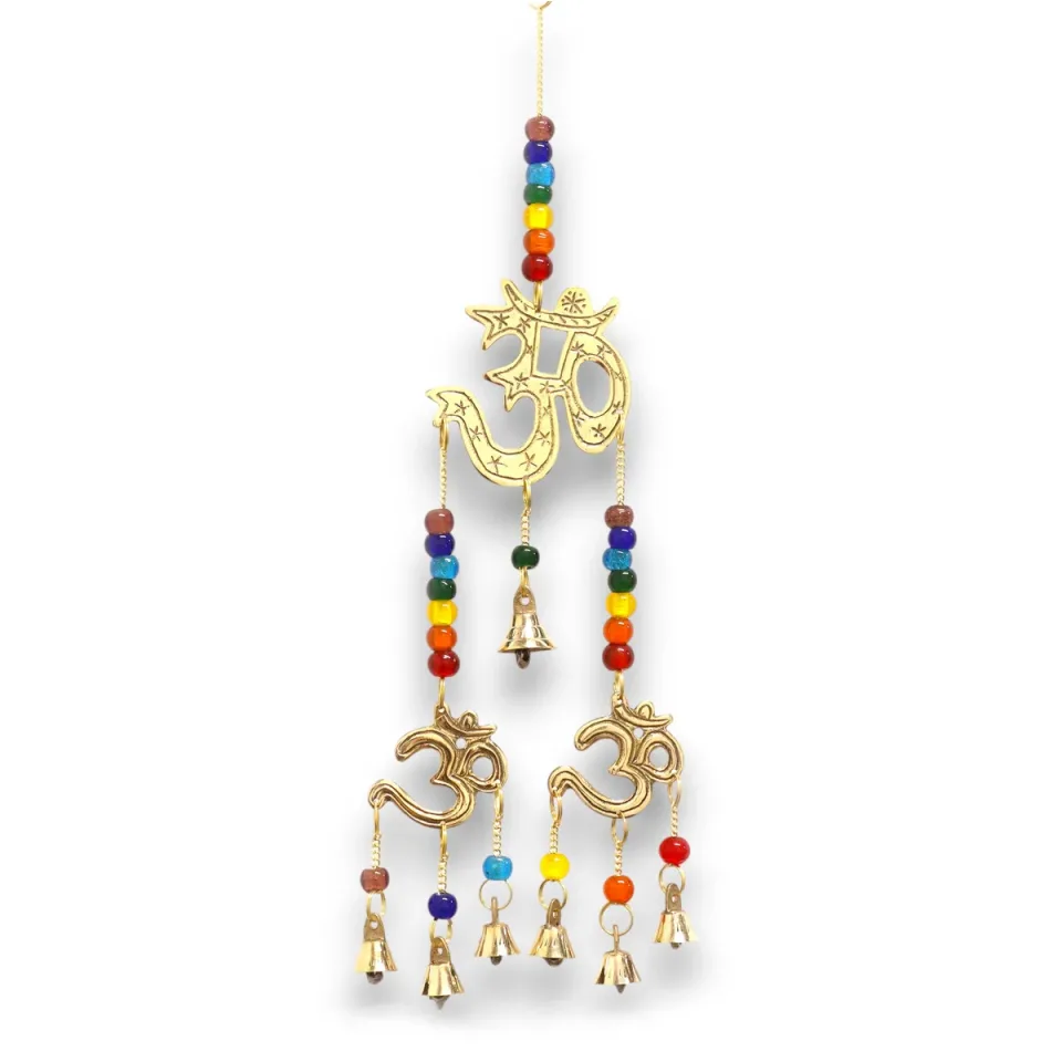 Carillon éolien indien, Om en laiton avec perles de chakras, 7 cloches, 9,5 x 32 cm : Modèle unique