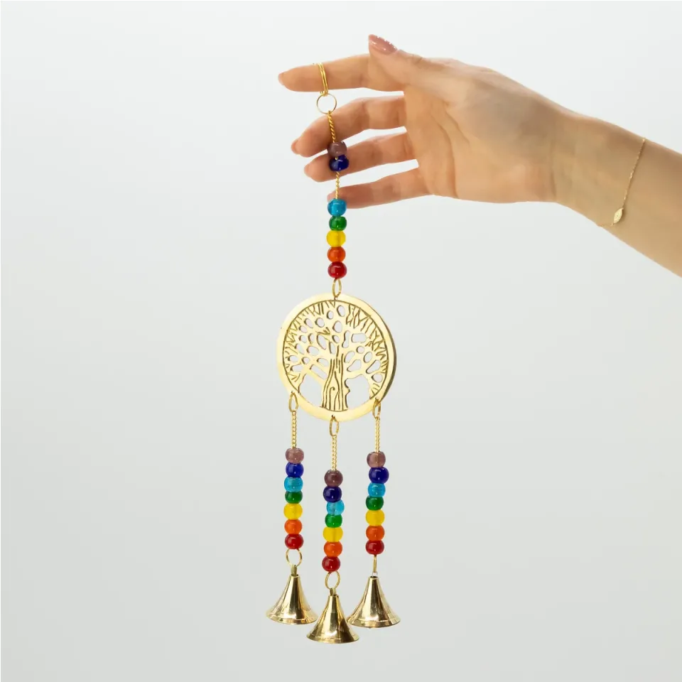 Carillon éolien indien, Arbre de vie en laiton avec perles de chakras, 3 cloches, 6,5 x 31 cm : Modèle unique