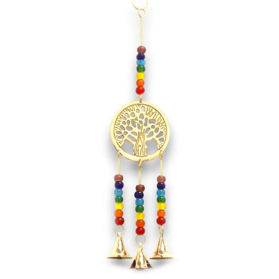 Carillon éolien indien, Arbre de vie en laiton avec perles de chakras, 3 cloches, 6,5 x 31 cm : Modèle unique