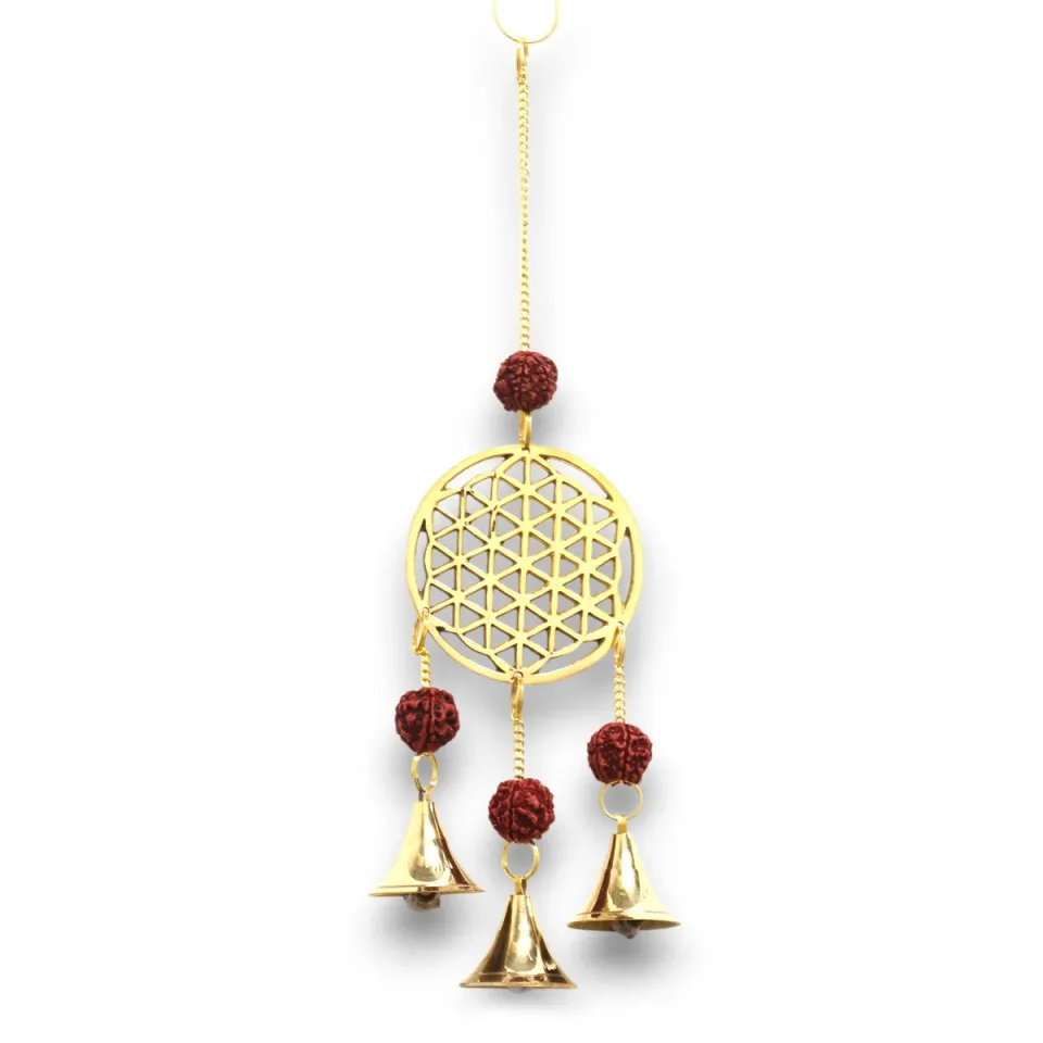 Carillon éolien indien, Fleur de vie en laiton avec perles de rudraksha, 3 cloches, 6 x 27 cm : Modèle unique