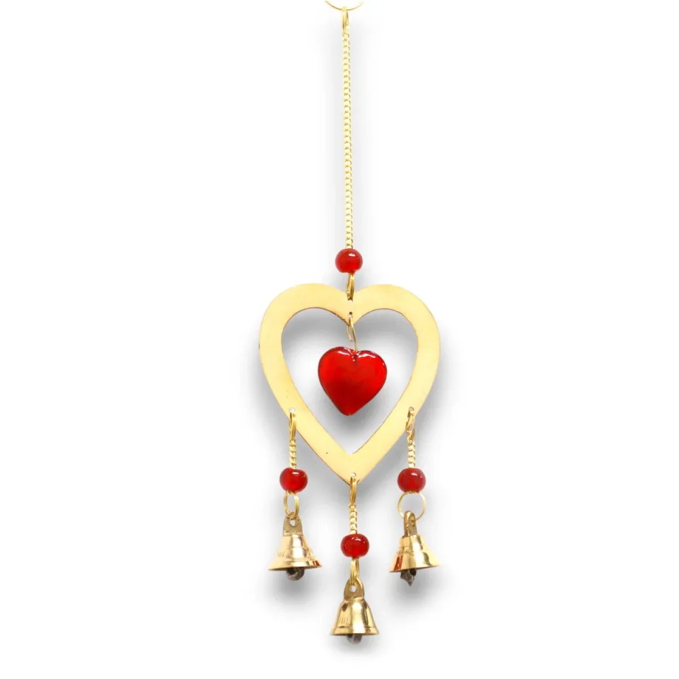 Carillon éolien indien, Laiton avec perles cœur en verre rubis, 3 cloches, 6,5 x 24 cm : Modèle unique