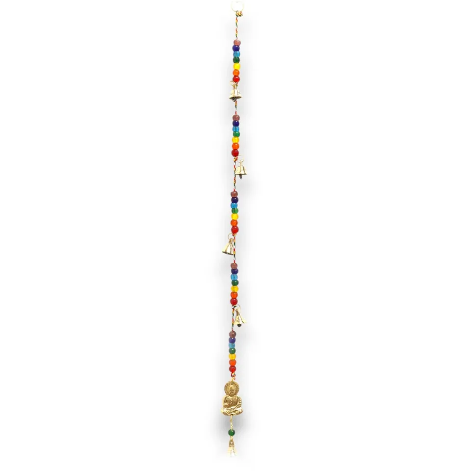 Carillon éolien indien, Bouddha en laiton avec perles de chakras, cloches sur cordon, 53 cm : Modèle unique