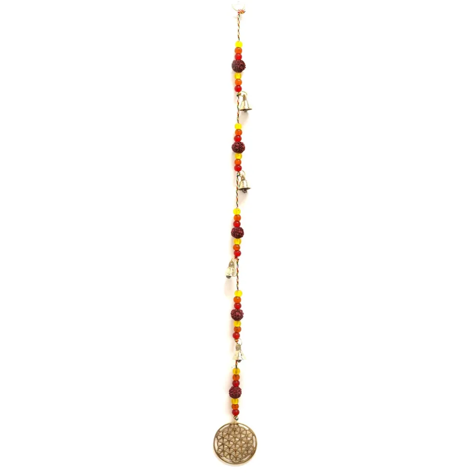 Carillon éolien indien, Fleur de vie en laiton avec perles de rudraksha, cloches sur cordon, 6 x 63 cm : Modèle unique