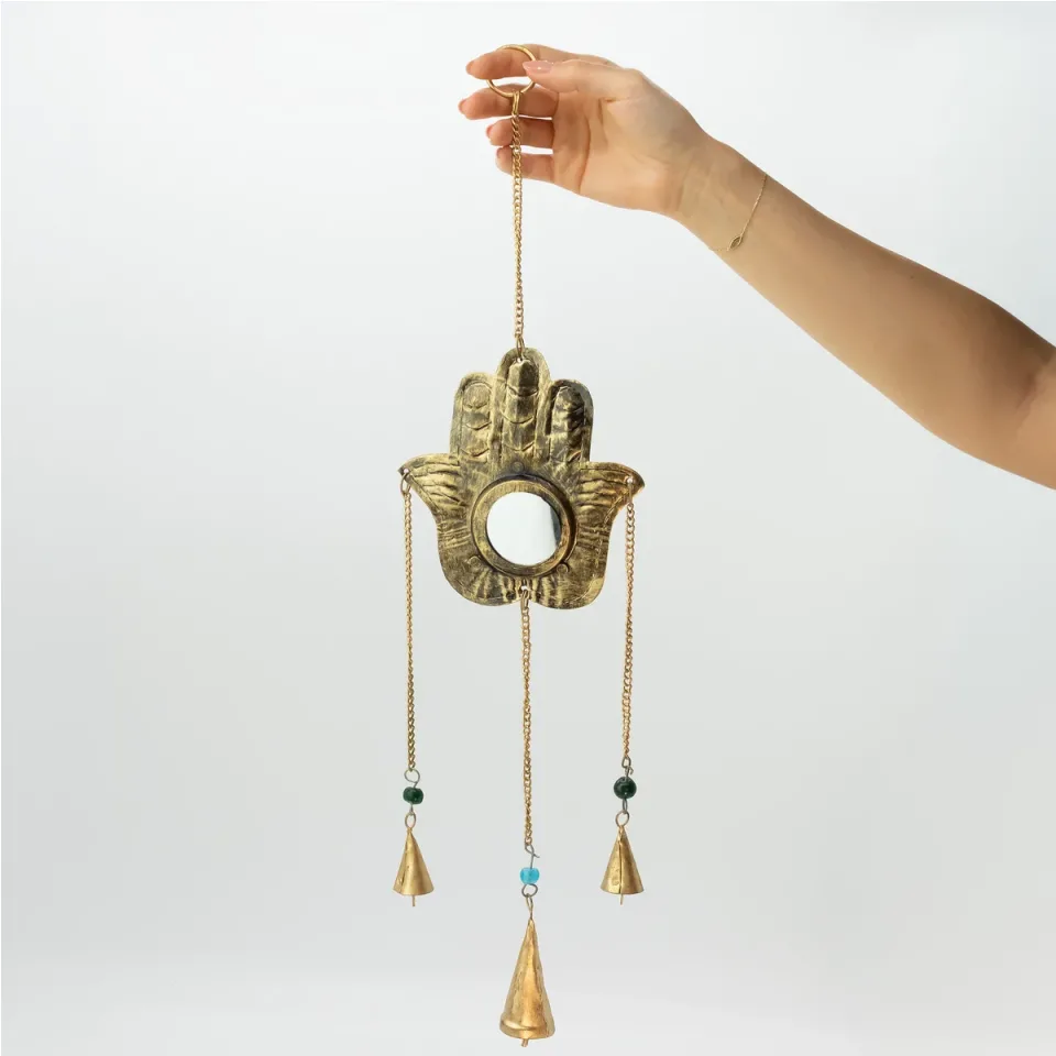 Carillon éolien indien, Hamsa miroir petit, 3 cloches, 14 x 55 cm : Modèle unique