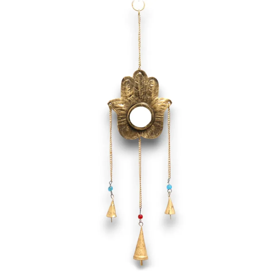 Carillon éolien indien, Hamsa miroir petit, 3 cloches, 14 x 55 cm : Modèle unique