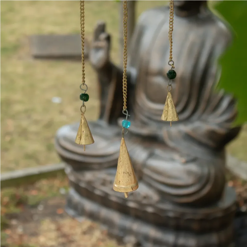 Carillon éolien indien, Hamsa miroir petit, 3 cloches, 14 x 55 cm : Modèle unique