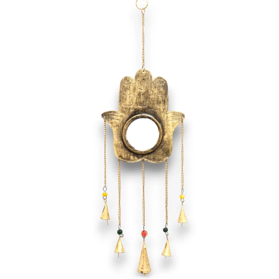 Carillon éolien indien, Hamsa miroir grand, 5 cloches, 19 x 65 cm : Modèle unique