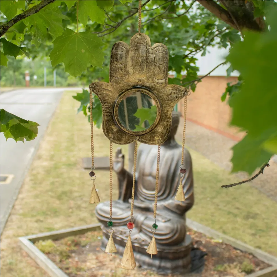 Carillon éolien indien, Hamsa miroir grand, 5 cloches, 19 x 65 cm : Modèle unique