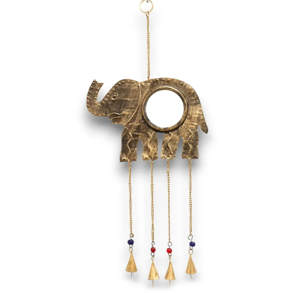 Carillon éolien indien, Éléphant miroir grand, 4 cloches, 24 x 60 cm : Modèle unique