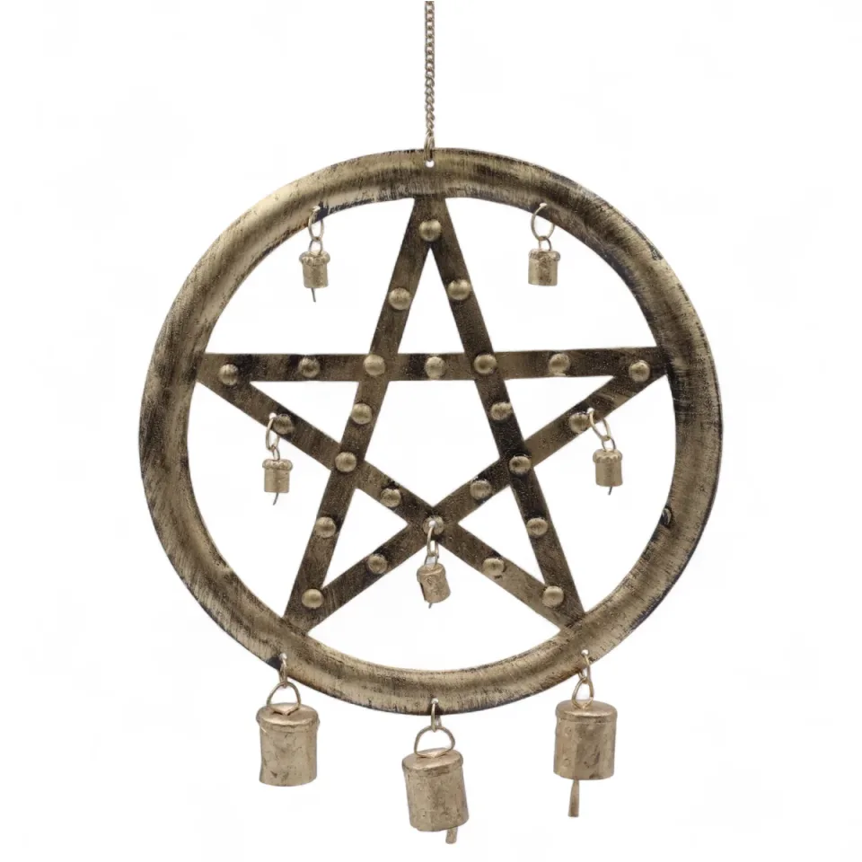 Carillon éolien indien, Pentagone aux clochettes de vache, 25 x 49 cm : Modèle unique