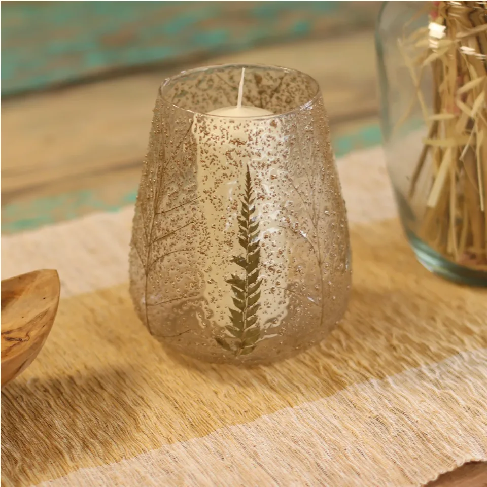 Photophore en verre recyclé, Grande coupe Pin (15 x 12 cm) : Modèle unique