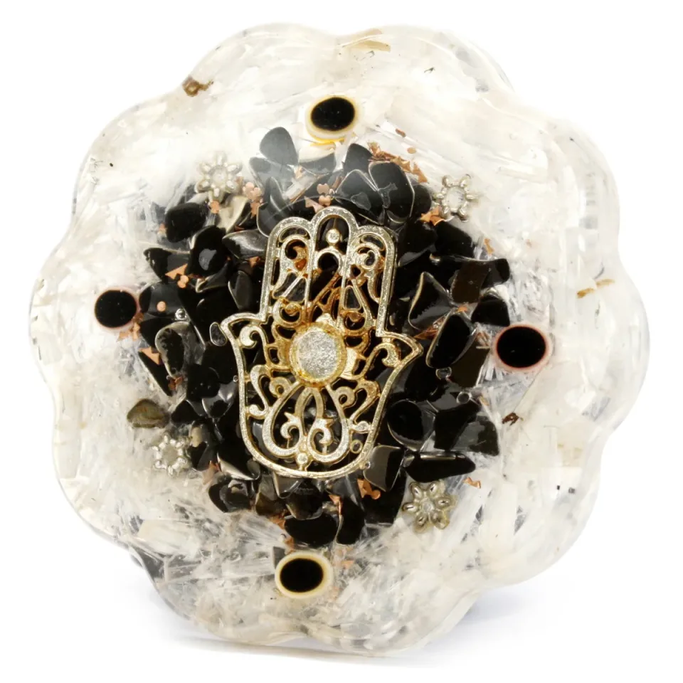 Orgonite de bureau, Hamsa avec sélénite, moyen : Modèle unique