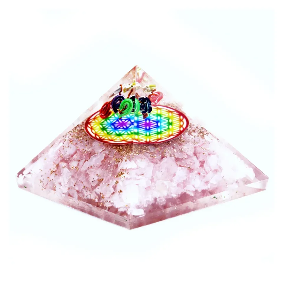 Pyramide quartz rose arc-en-ciel et fleur de vie, 70 mm : Modèle unique