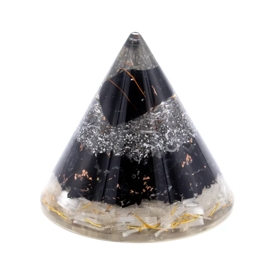 Cône sélénite et tourmaline noire, cuivre, 90 mm : Modèle unique
