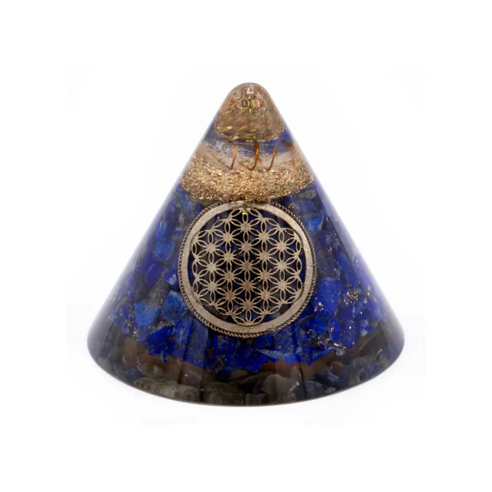 Cône lapis-lazuli, fleur de vie, quartz suspendu, 90 mm : Modèle unique