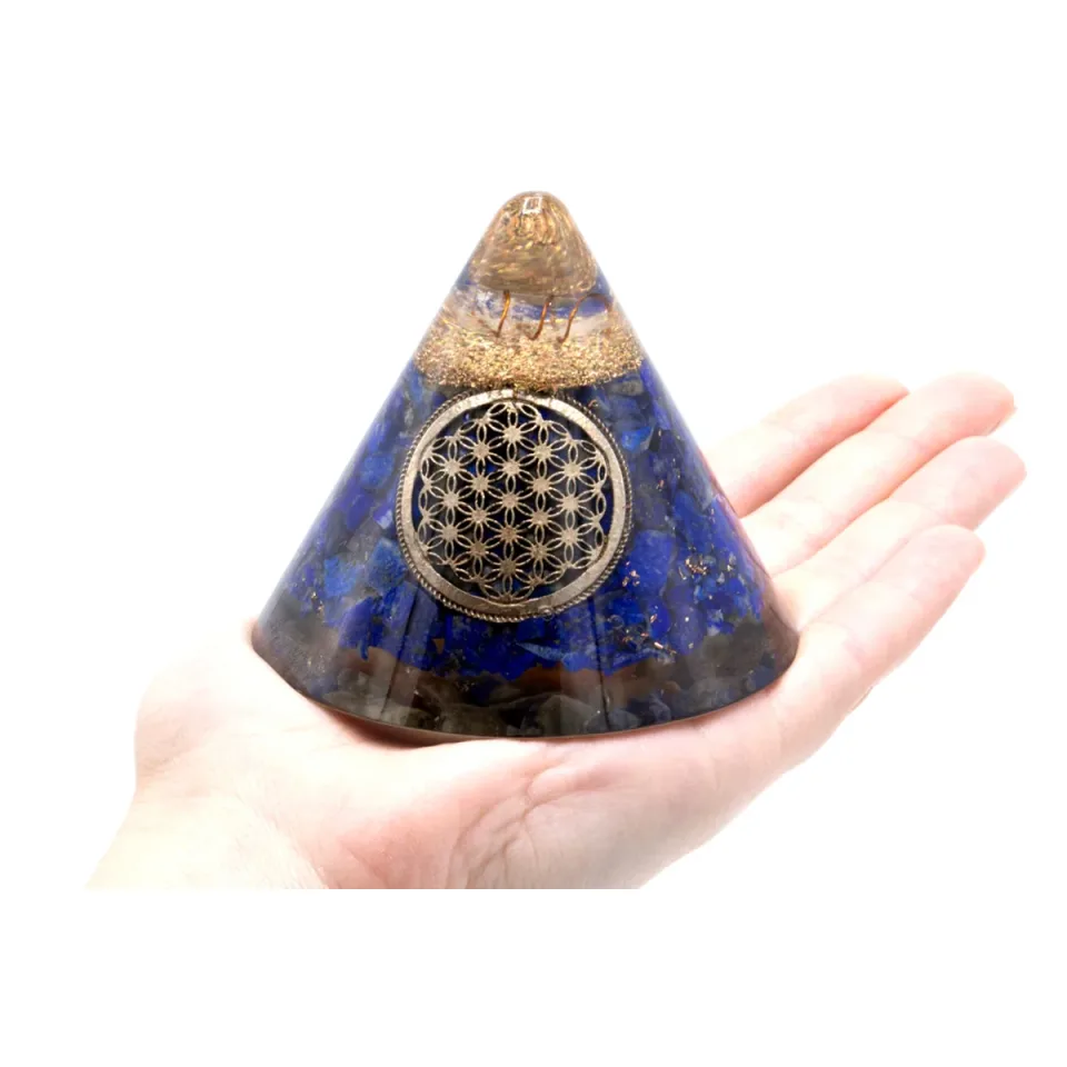 Cône lapis-lazuli, fleur de vie, quartz suspendu, 90 mm : Modèle unique