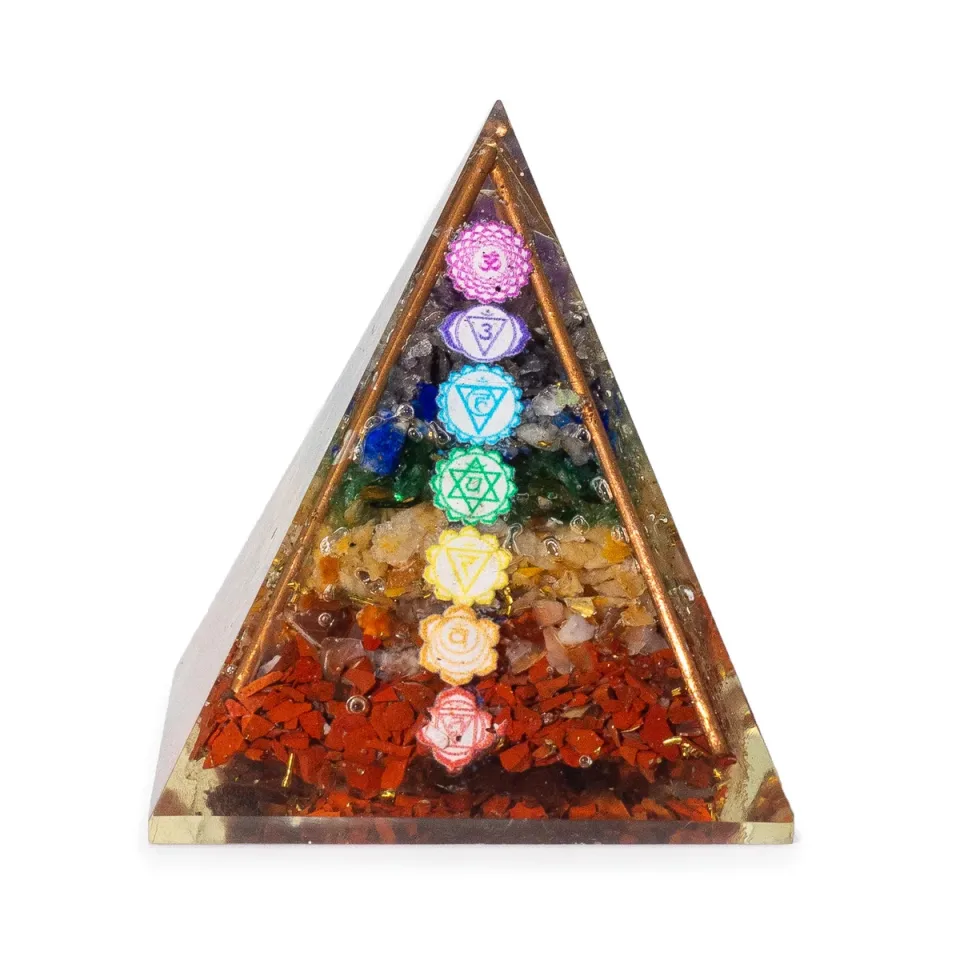 Pyramide moyenne 7 x 6 cm, barres de cuivre, 7 chakras : Modèle unique
