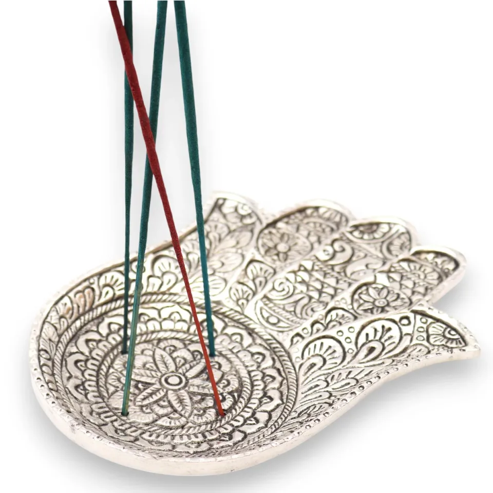 Porte-encens en aluminium, Grand hamsa poli, 18 x 13 cm : Modèle unique