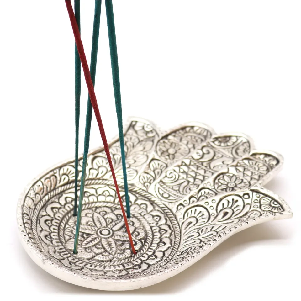 Porte-encens en aluminium, Grand hamsa poli, 18 x 13 cm : Modèle unique